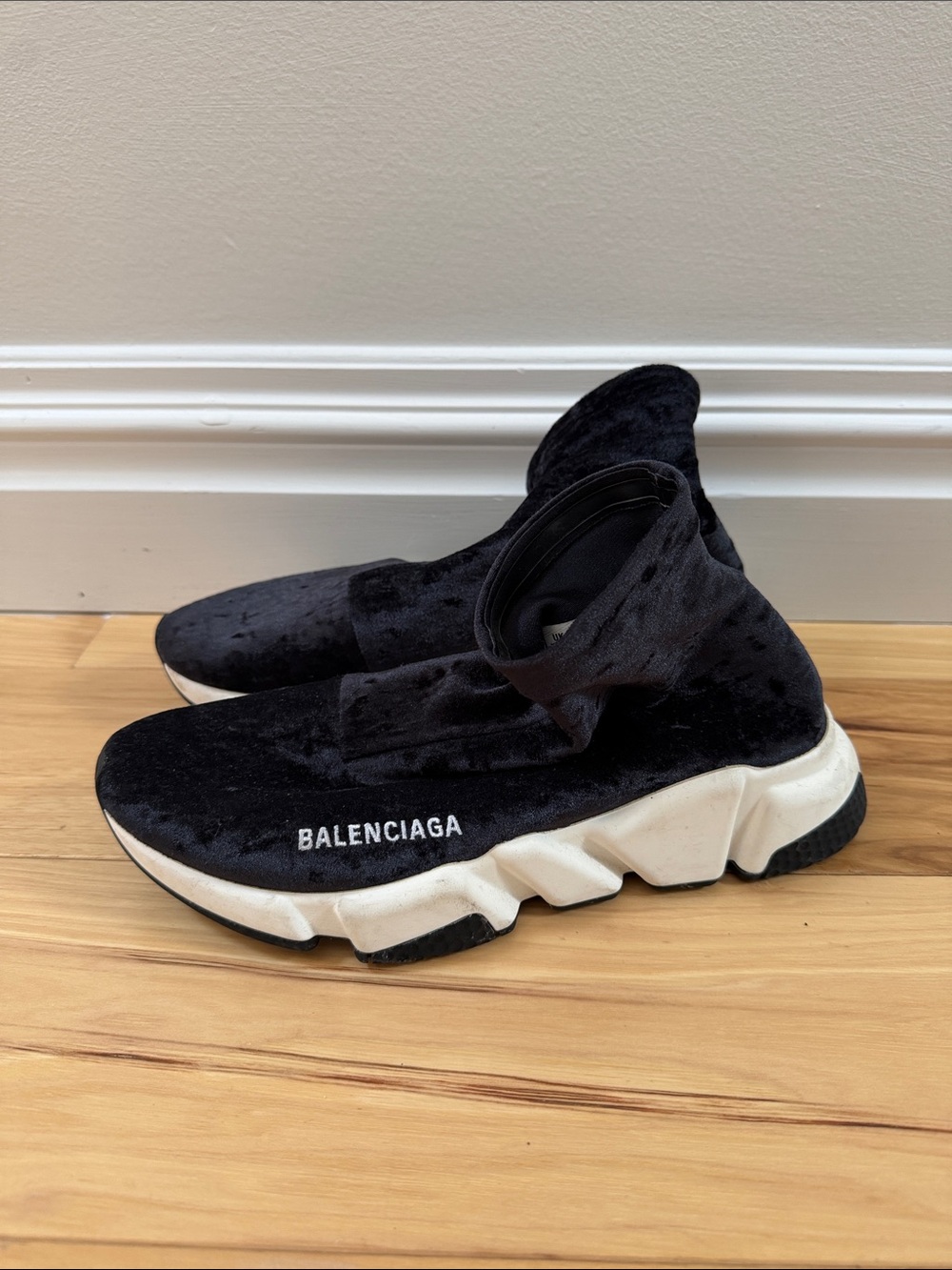 Balenciaga Black and White Women's Speed Sock Velvet Sneakers